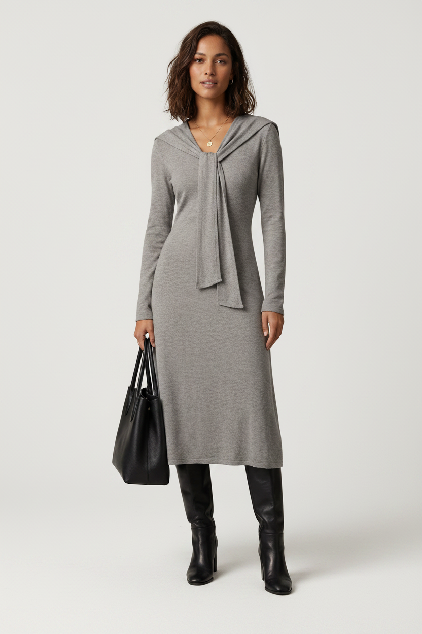 A woman modeling a heather gray long-sleeve midi dress with a wide collar and front tie detail, paired with black knee-high boots and holding a black tote bag against a light gray studio background.