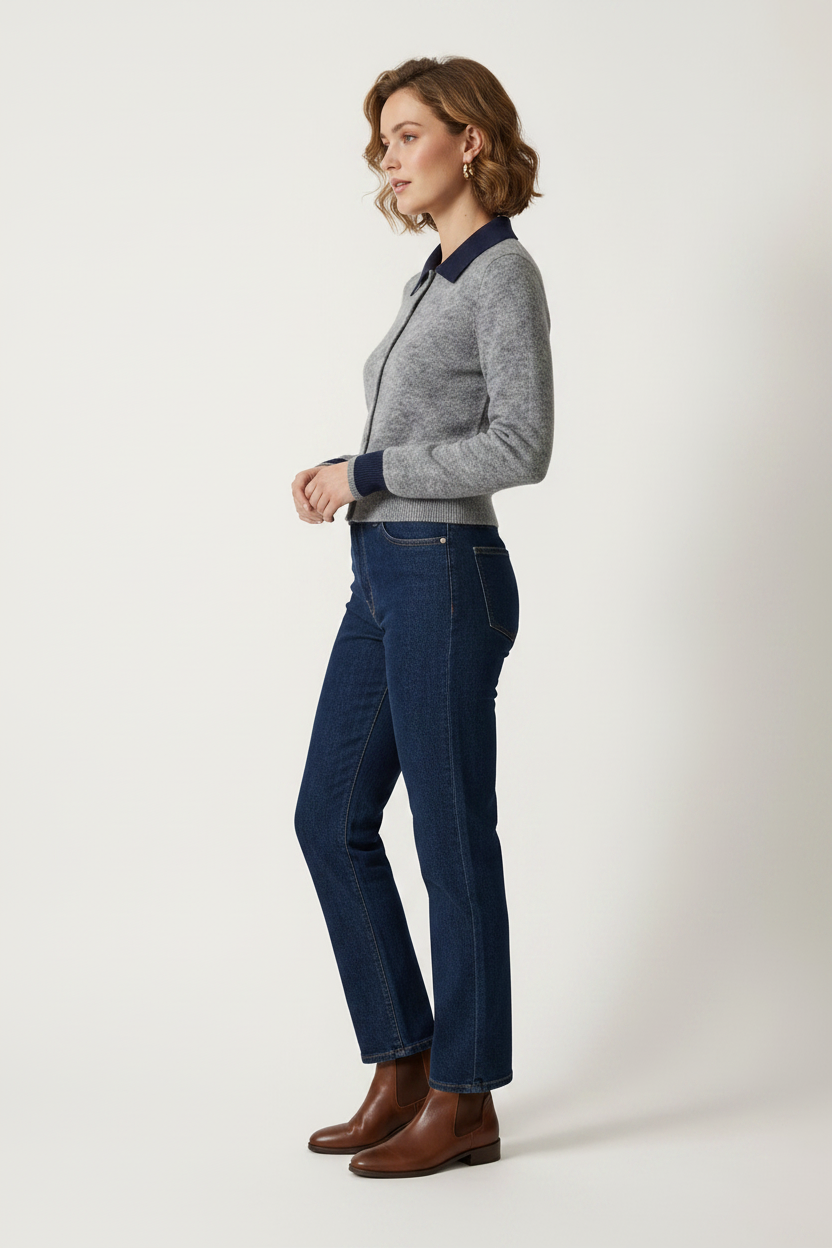 A woman modeling a gray knit zip-front cardigan with contrasting navy blue collar and cuffs, paired with dark blue jeans and brown ankle boots, against a plain light gray studio background.