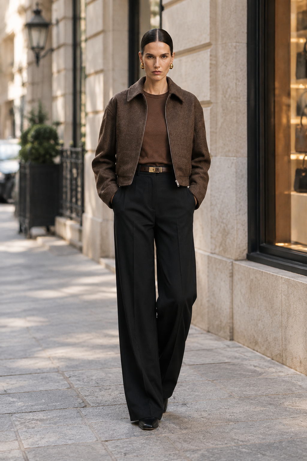 A woman stands on a city sidewalk wearing a brown suede jacket over a brown top, black wide-leg trousers, and black shoes, with a thin gold belt at her waist.