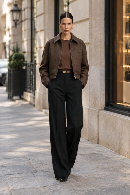 A woman stands on a city sidewalk wearing a brown suede jacket over a brown top, black wide-leg trousers, and black shoes, with a thin gold belt at her waist.