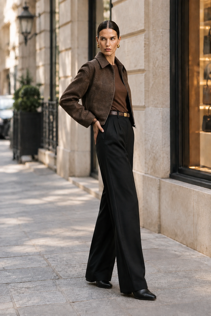 A woman stands on a city sidewalk wearing a brown suede jacket over a brown top, black wide-leg trousers, and black shoes, with a tan stone building in the background.