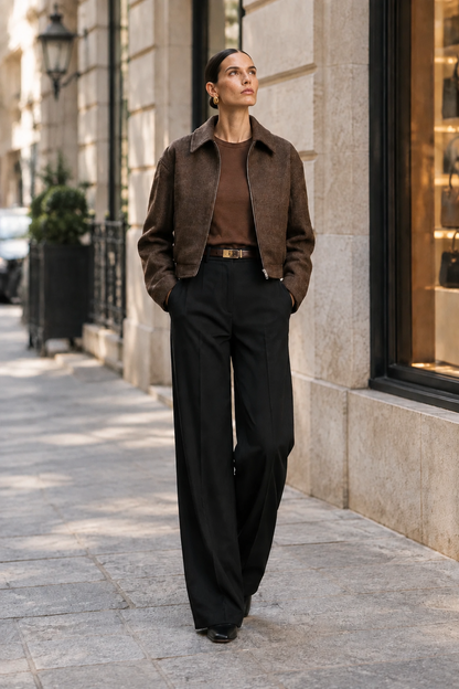 A woman stands on a city sidewalk wearing a brown suede-like cropped jacket over a brown top, black wide-leg trousers, and black shoes. The background shows a stone building facade with windows and a street lamp.