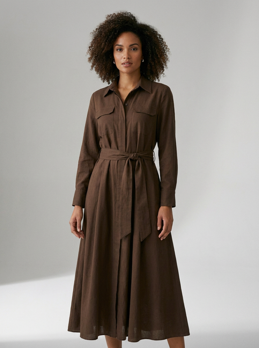 A woman modeling a brown long-sleeve midi shirt dress with a matching waist tie belt, photographed against a neutral light gray studio background.