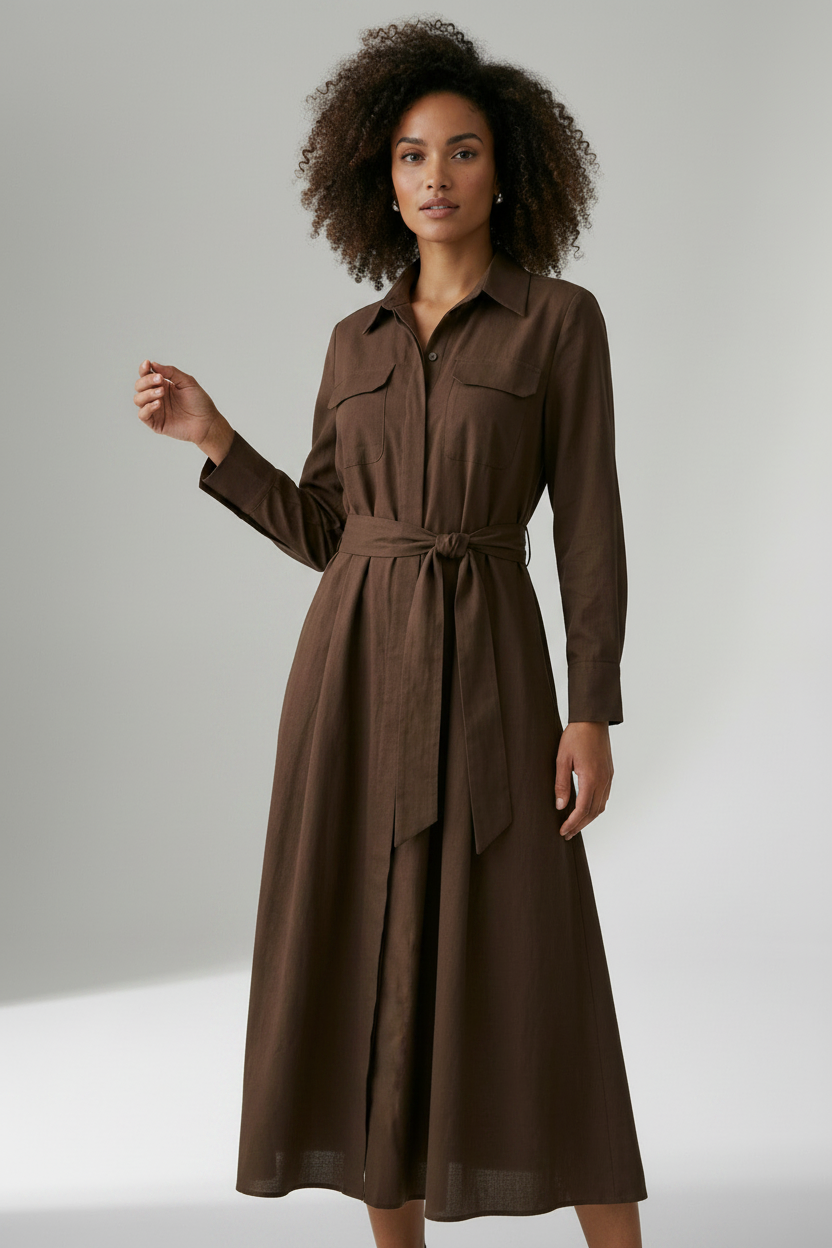 A woman modeling a brown long-sleeve midi shirt dress with a matching waist tie belt, photographed against a neutral light gray studio background.