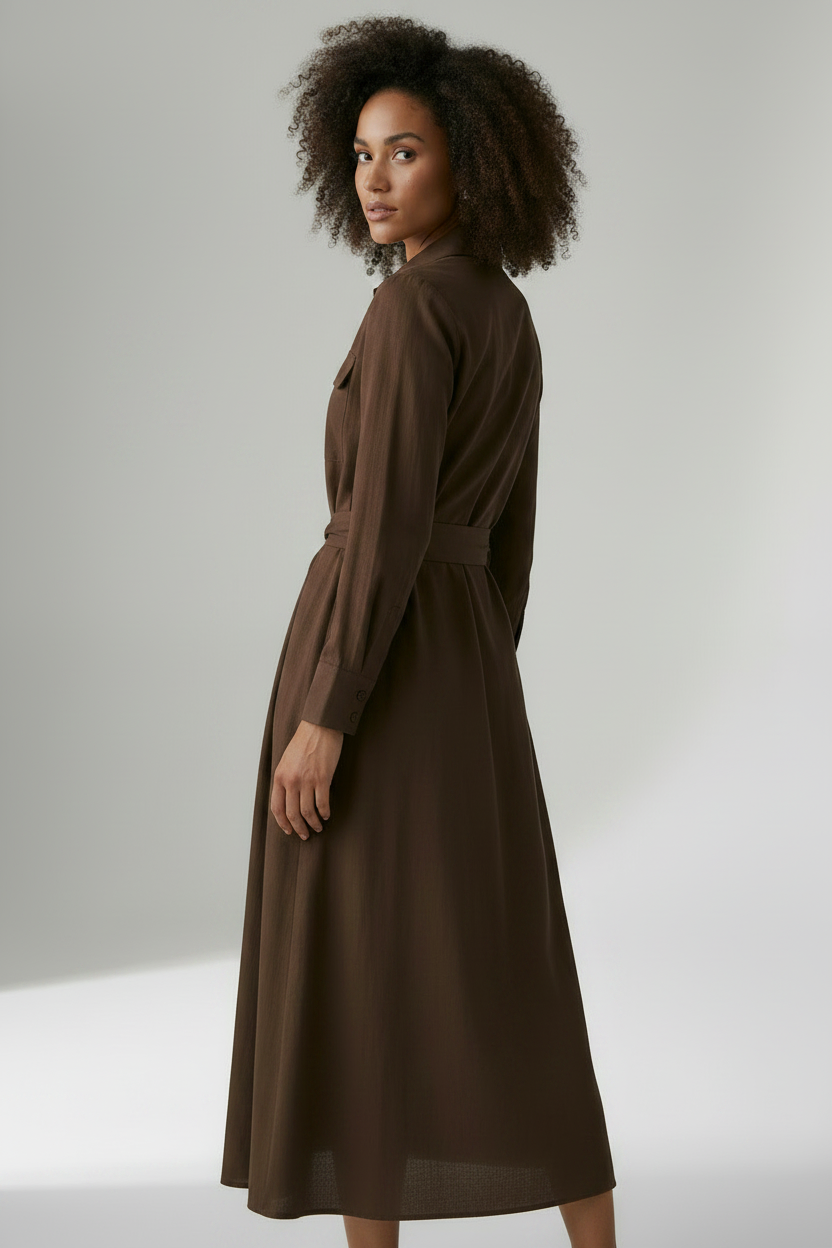 A woman modeling a brown long-sleeve midi shirt dress with a matching waist tie, photographed against a neutral light gray studio background.