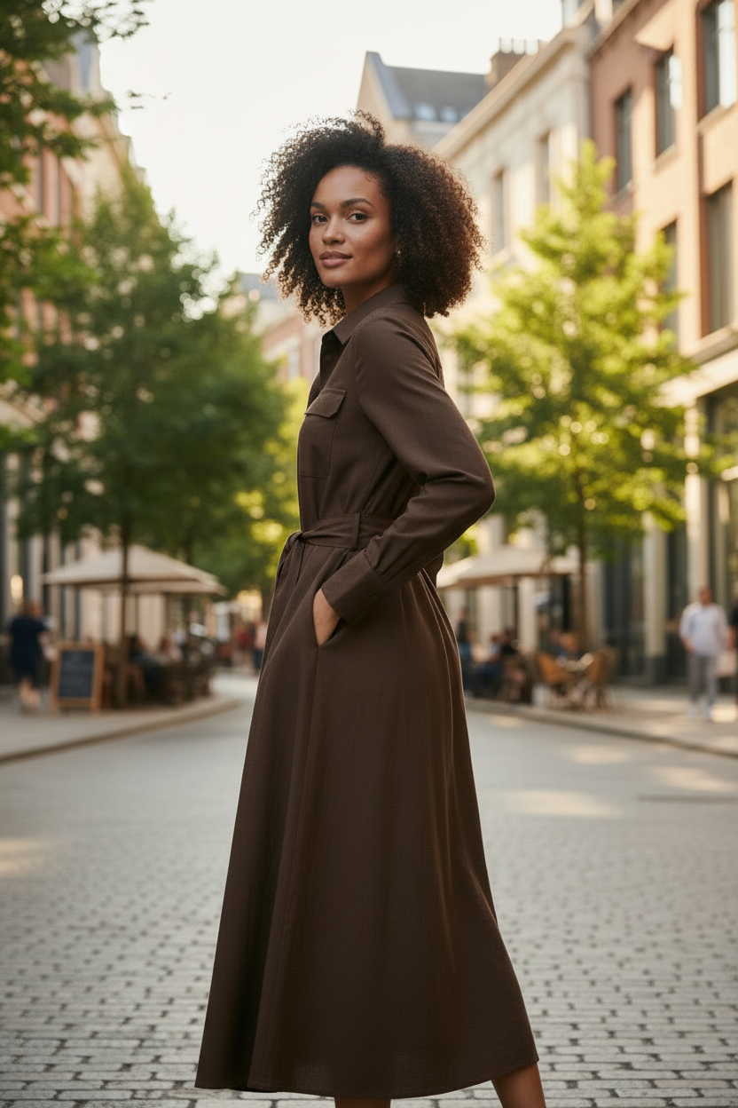 A woman with curly hair stands on a cobblestone street wearing a dark brown long-sleeve midi shirt dress with a tie waist and chest pockets. The background shows a softly blurred urban street scene with buildings and trees.