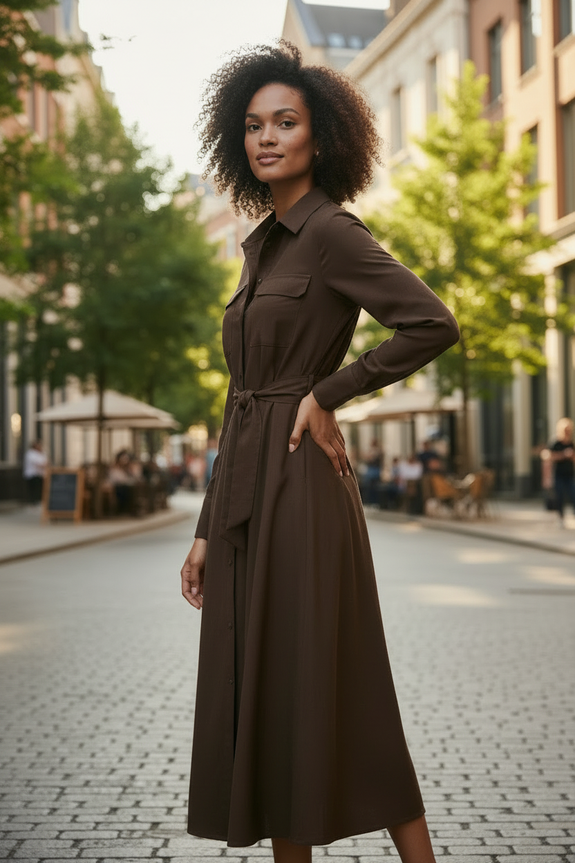 A woman stands on a cobblestone street wearing a long-sleeve brown collared dress with a tie waist and midi-length skirt. The background shows a softly blurred urban street scene with trees and buildings.
