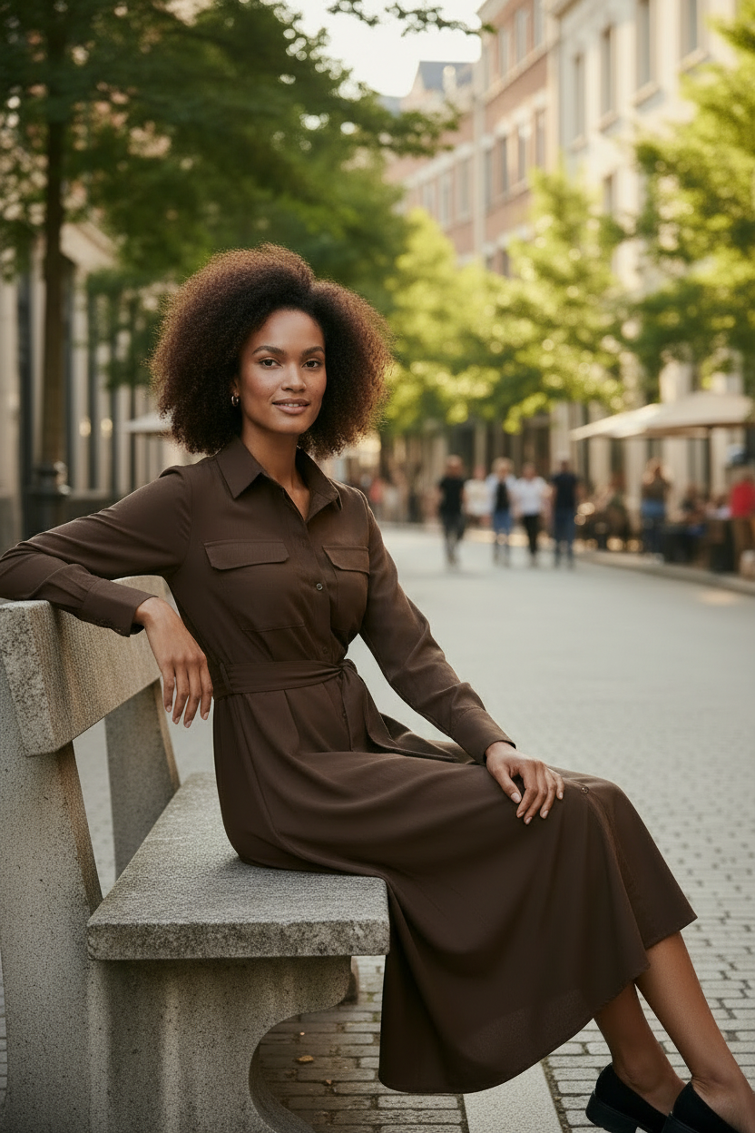 A woman stands on a cobblestone street wearing a long-sleeve brown collared dress with a tie waist and midi-length skirt. The background shows a softly blurred urban street scene with trees and buildings.