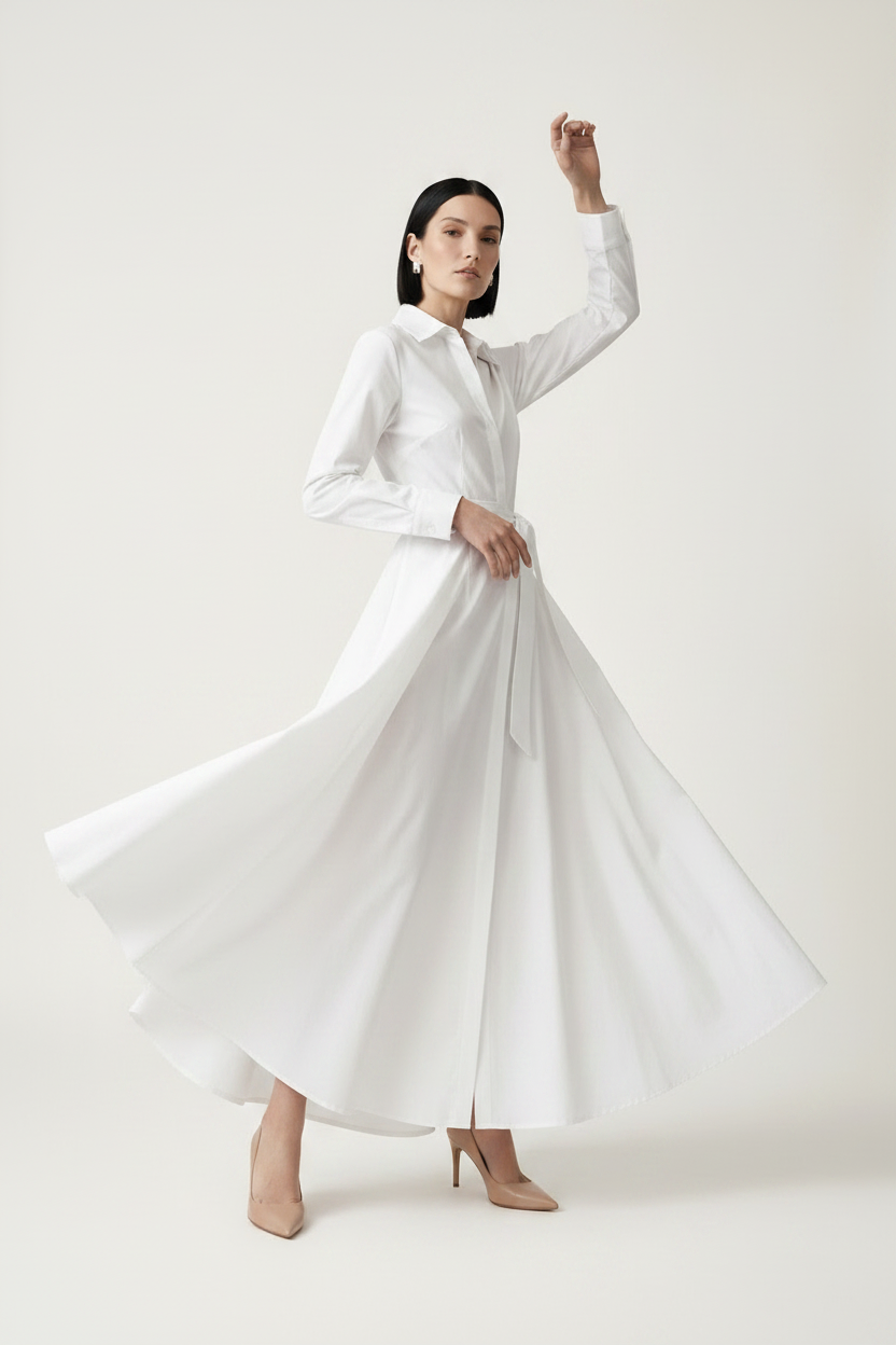 A woman modeling a long-sleeve white shirt dress with a tie waist, standing against a plain light beige studio background.