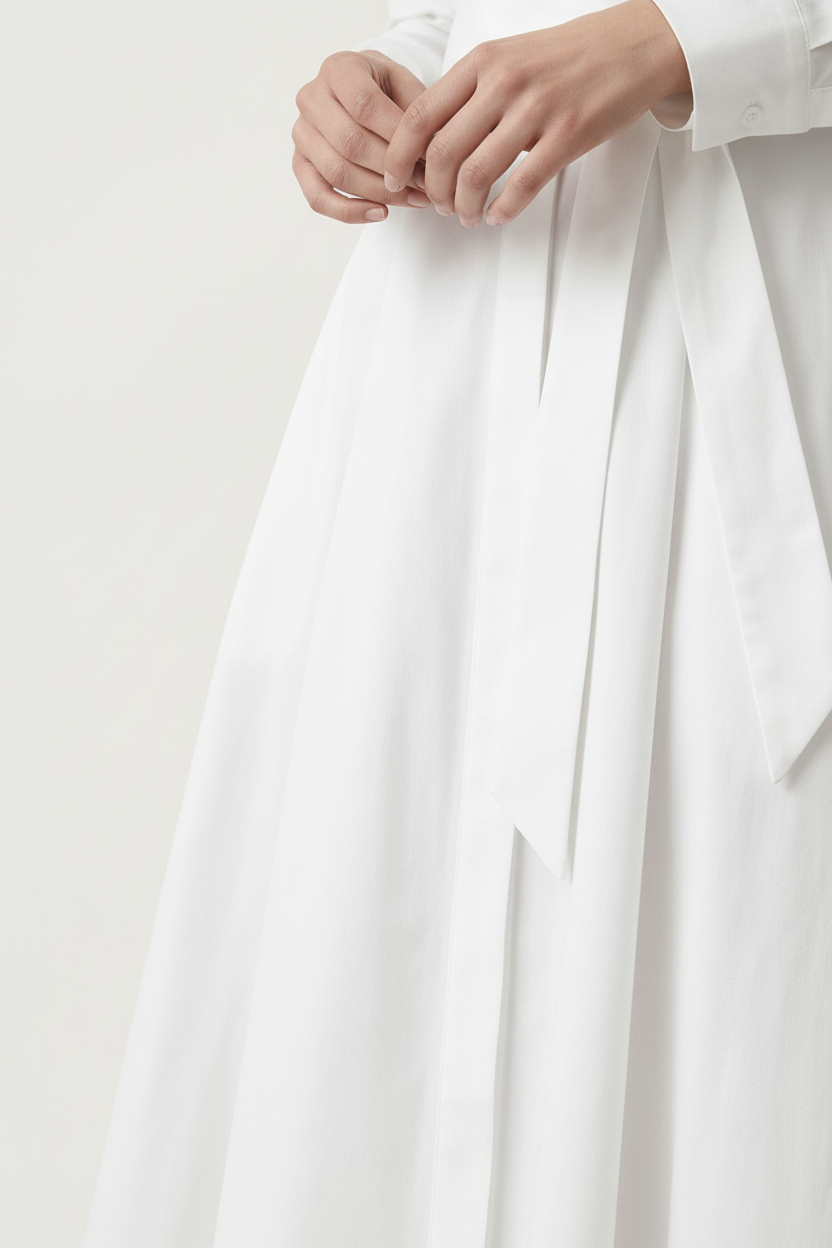 A woman modeling a long-sleeve white shirt dress with a tie waist, standing against a plain light beige studio background.