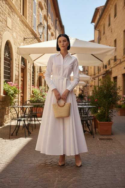 A woman stands on a cobblestone street in a European-style town, wearing a long-sleeve white collared dress with a tie waist and holding a woven straw handbag. Large patio umbrellas, stone buildings, and outdoor cafe tables are visible in the background.
