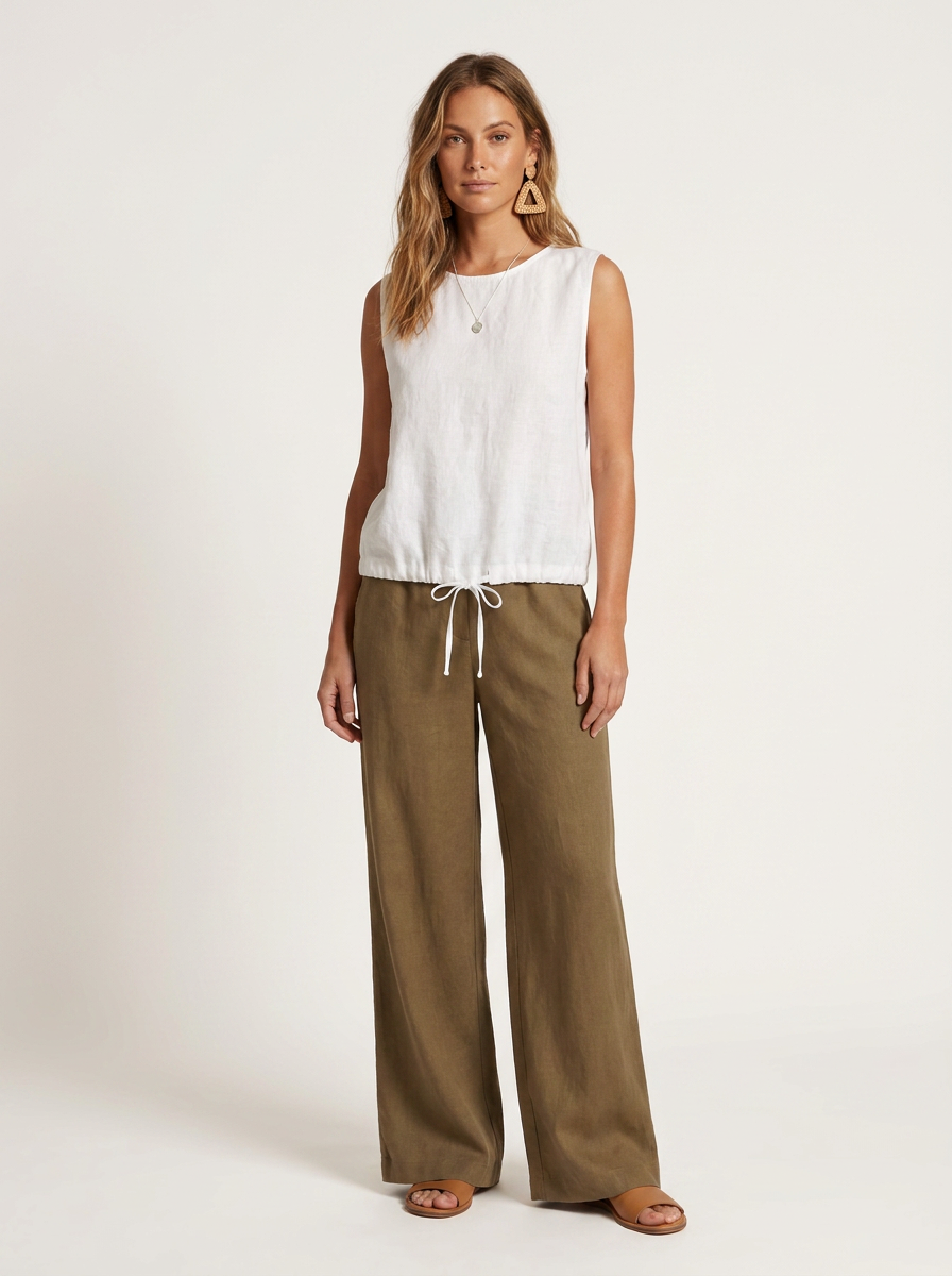 A woman modeling a sleeveless white top and wide-leg olive brown pants against a plain off-white studio background.