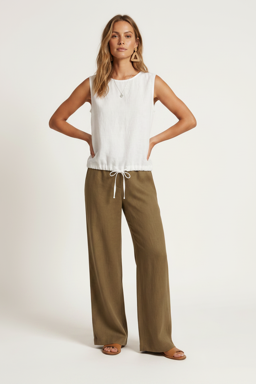 A woman modeling a sleeveless white top and wide-leg olive brown pants against a plain off-white studio background.