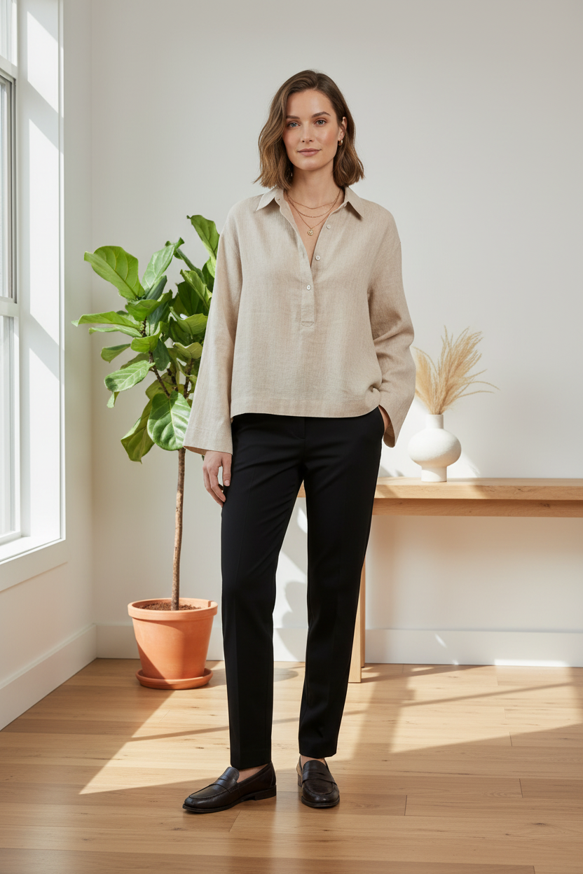 Linen Half-Button V-Neck Relaxed Long Sleeve Shirt in Linen