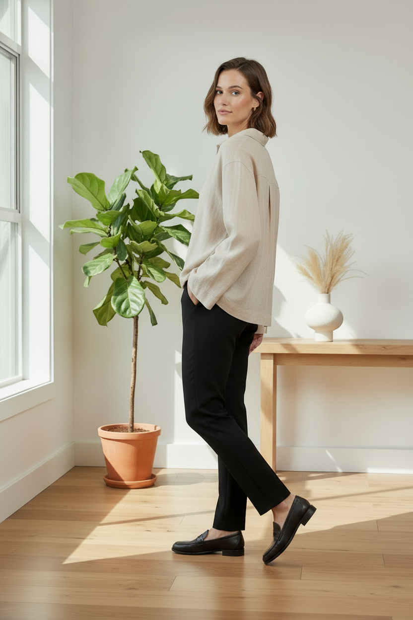 A woman stands in a bright room with wood floors, a potted plant, and a console table, wearing a loose cream ribbed top, black pants, and black loafers.