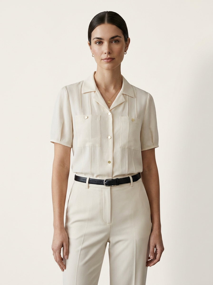 A woman modeling a short-sleeve cream-colored button-up shirt with structured shoulders and chest pockets, paired with matching cream trousers and a black belt, against a plain light beige studio background.