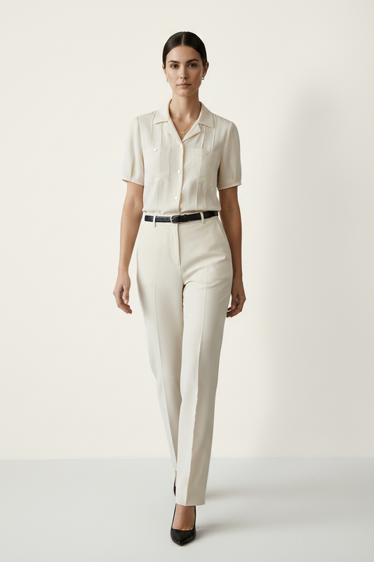 A woman modeling a short-sleeve cream-colored button-up shirt with structured shoulders and chest pockets, paired with matching cream trousers and a black belt, against a plain light beige studio background.
