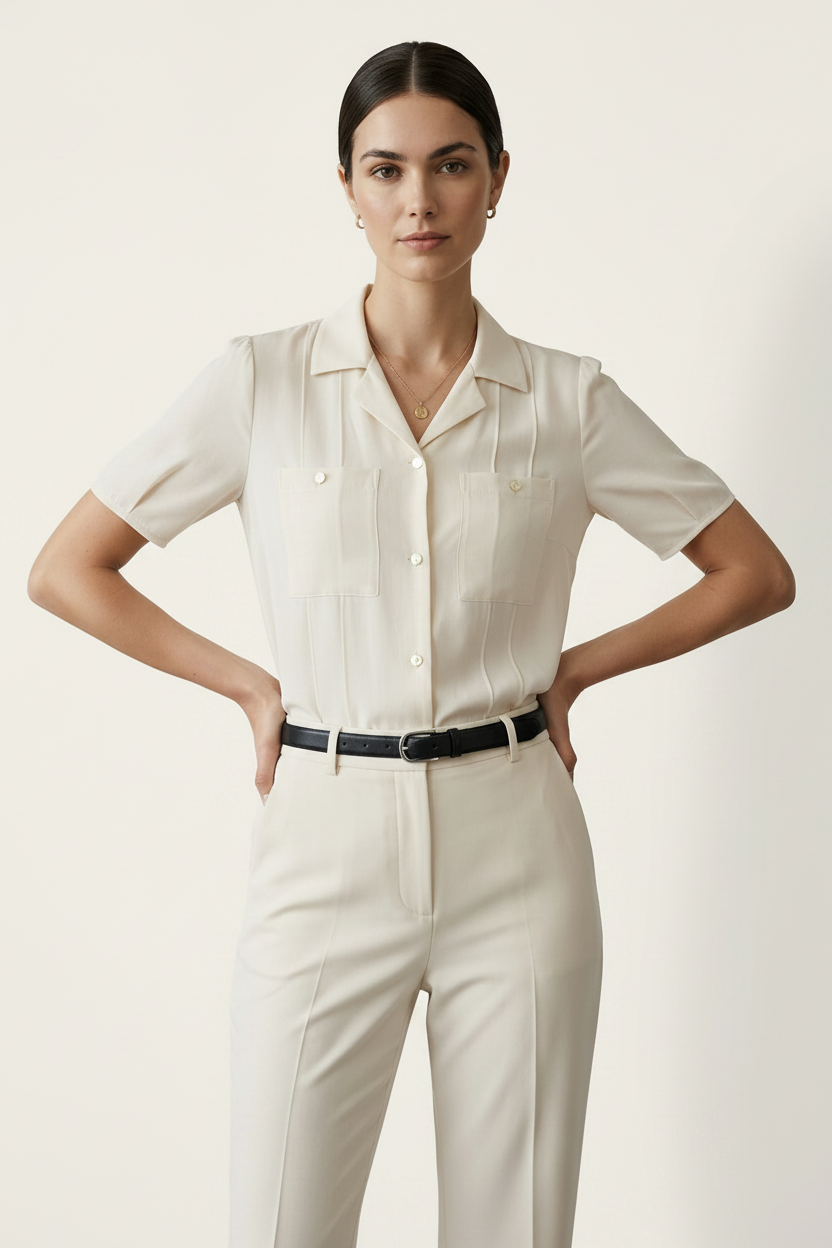 A woman modeling a short-sleeve cream-colored button-up shirt with structured shoulders and chest pockets, paired with matching cream trousers and a black belt, against a plain light beige studio background.