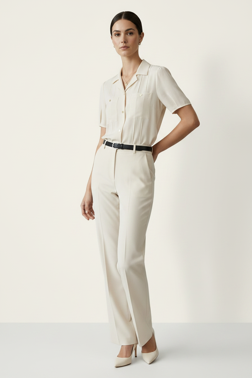 A woman modeling a short-sleeve cream-colored button-up shirt with structured shoulders and chest pockets, paired with matching cream trousers and a black belt, against a plain light beige studio background.
