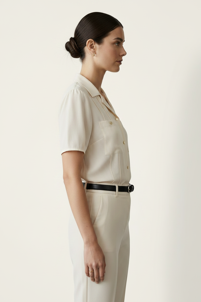 A woman modeling a short-sleeve cream-colored button-up shirt with structured shoulders and chest pockets, paired with matching cream trousers and a black belt, against a plain light beige studio background.