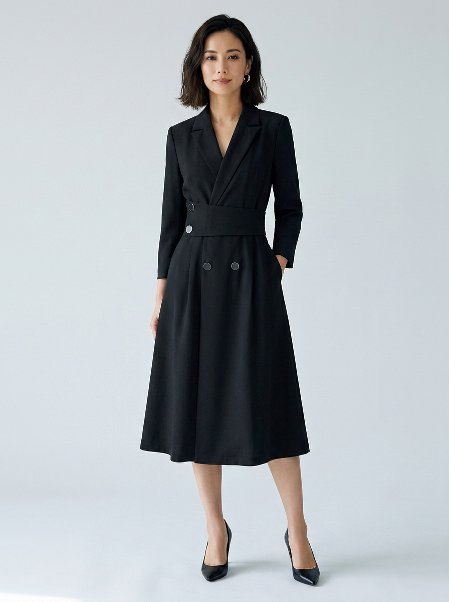 A woman modeling a black double-breasted midi dress with a matching waist belt and black pointed-toe heels, photographed against a light gray studio background.