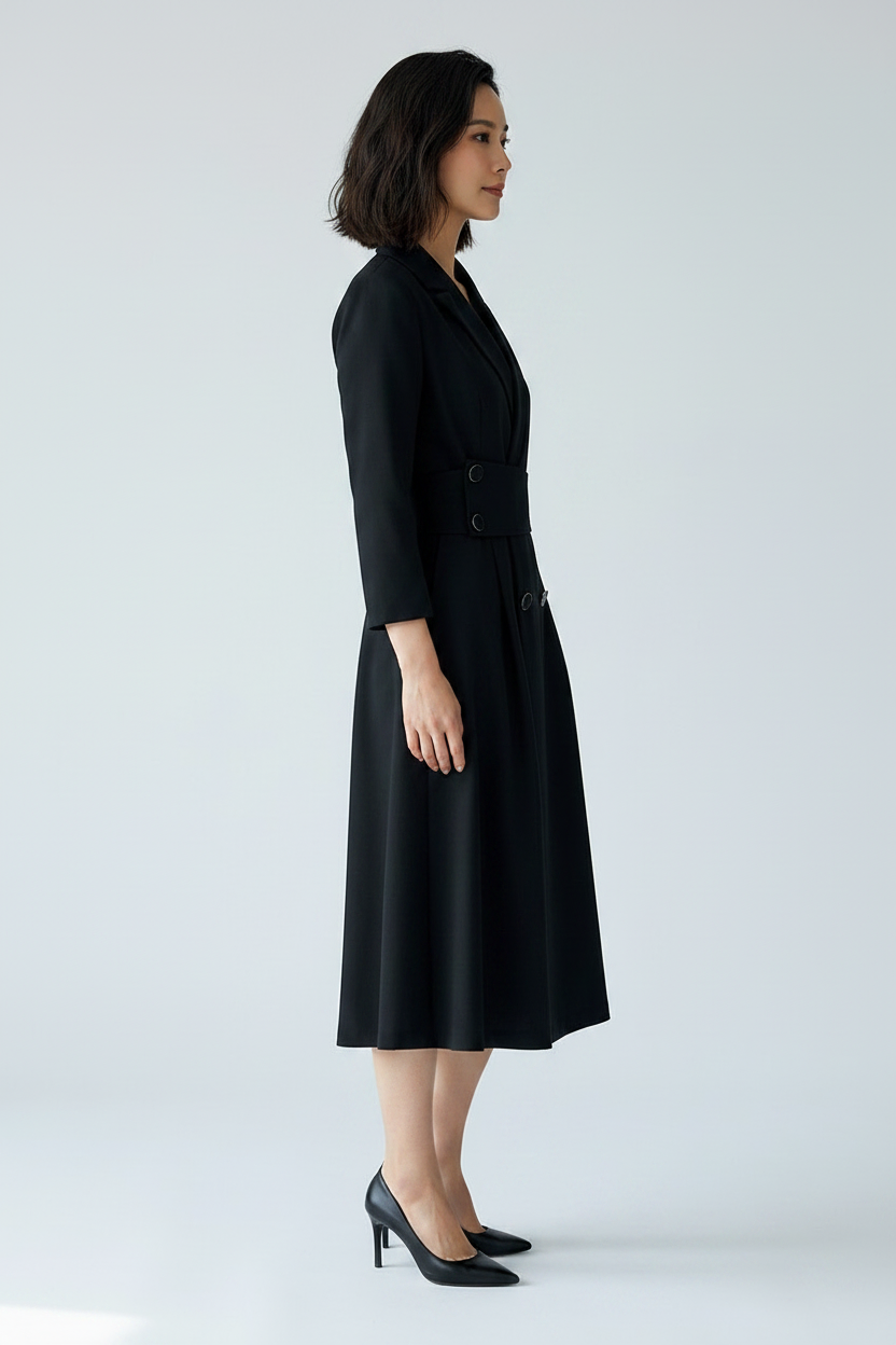 A woman modeling a black double-breasted midi dress with a matching waist belt and black pointed-toe heels, photographed against a light gray studio background.