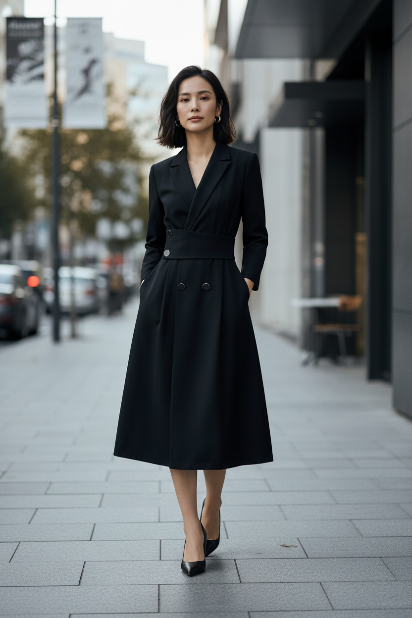 A woman wearing a black midi wrap blazer dress with a defined waist and double-breasted front, walking on a paved city sidewalk.