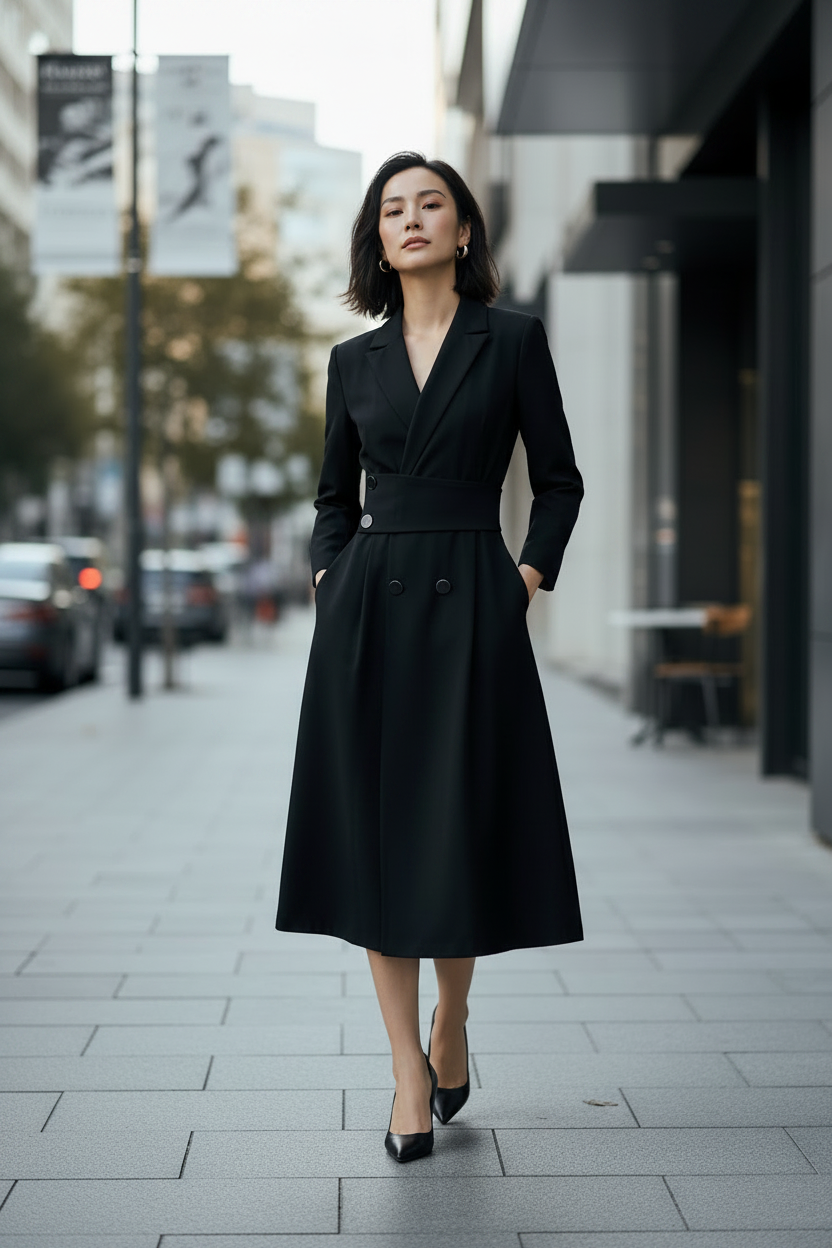 A woman wearing a black midi wrap blazer dress with a defined waist and double-breasted front, walking on a paved city sidewalk.