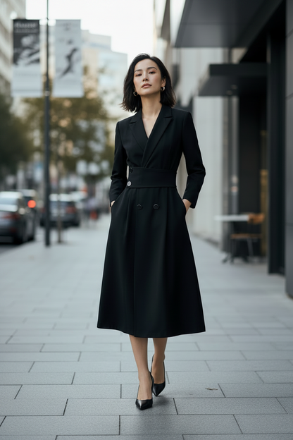 A woman wearing a black midi wrap blazer dress with a defined waist and double-breasted front, walking on a paved city sidewalk.