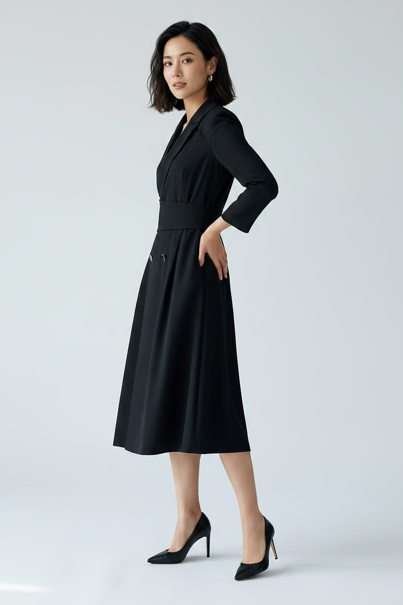A woman modeling a black long-sleeve midi dress with a structured collar, matching waist belt, and pleated skirt, paired with black pointed-toe heels against a light gray studio background.