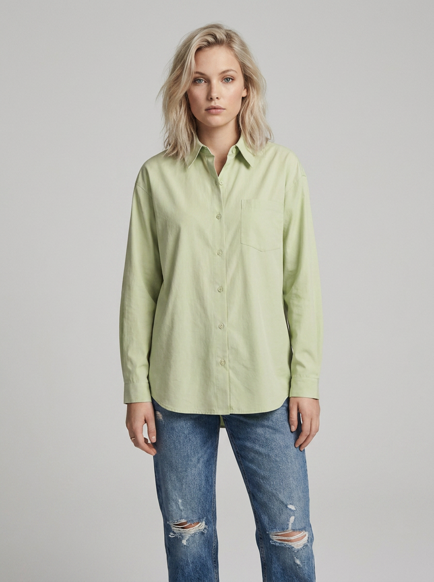 A woman modeling a light sage green long-sleeve button-up shirt with a chest pocket, paired with distressed blue jeans, against a solid light gray studio background.