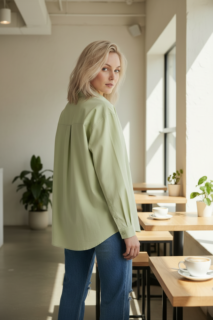 A woman stands in a bright, modern cafe setting wearing a light sage green button-up shirt and distressed blue jeans.