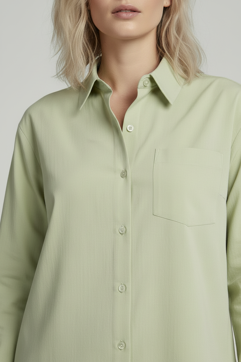 A woman modeling a light sage green long-sleeve button-up shirt with blue distressed jeans and beige flat sandals, standing against a neutral light gray studio background.