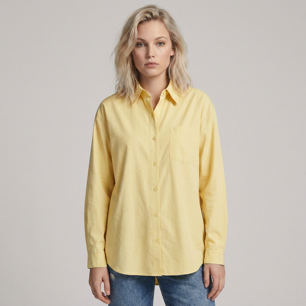 A woman modeling a pale yellow long-sleeve button-up shirt with a chest pocket, paired with blue jeans, against a solid light gray background.