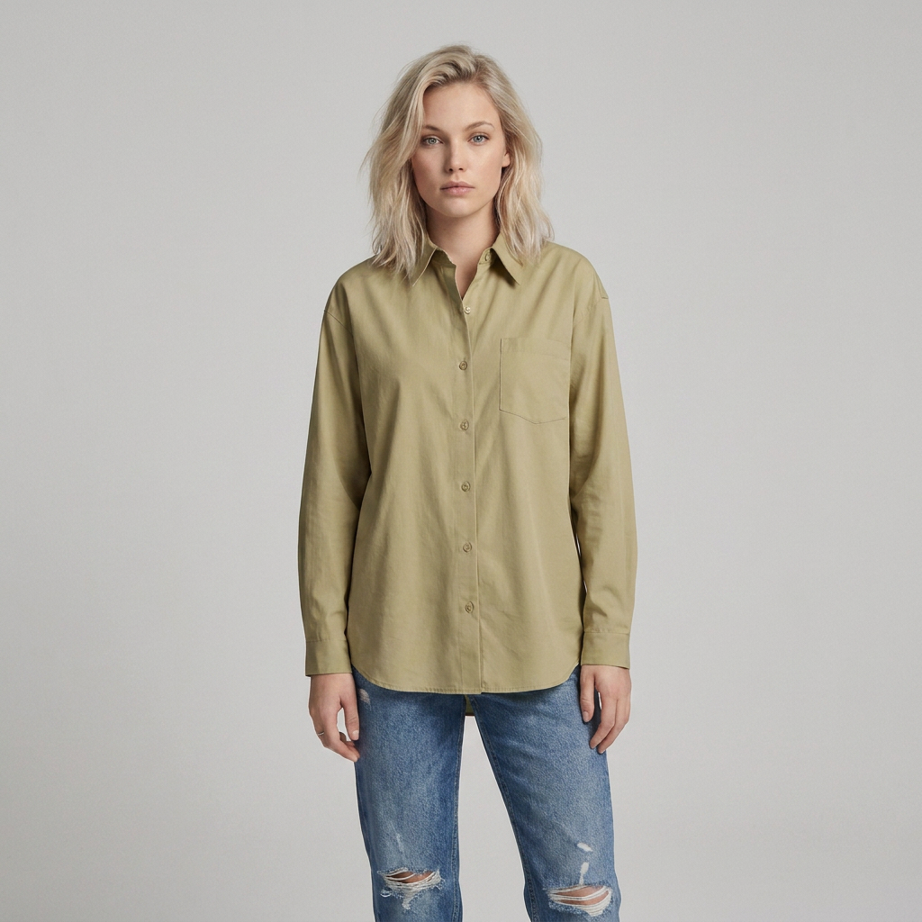 A woman modeling a long-sleeve button-up shirt in a muted olive green color, paired with distressed blue jeans, against a solid light gray background.