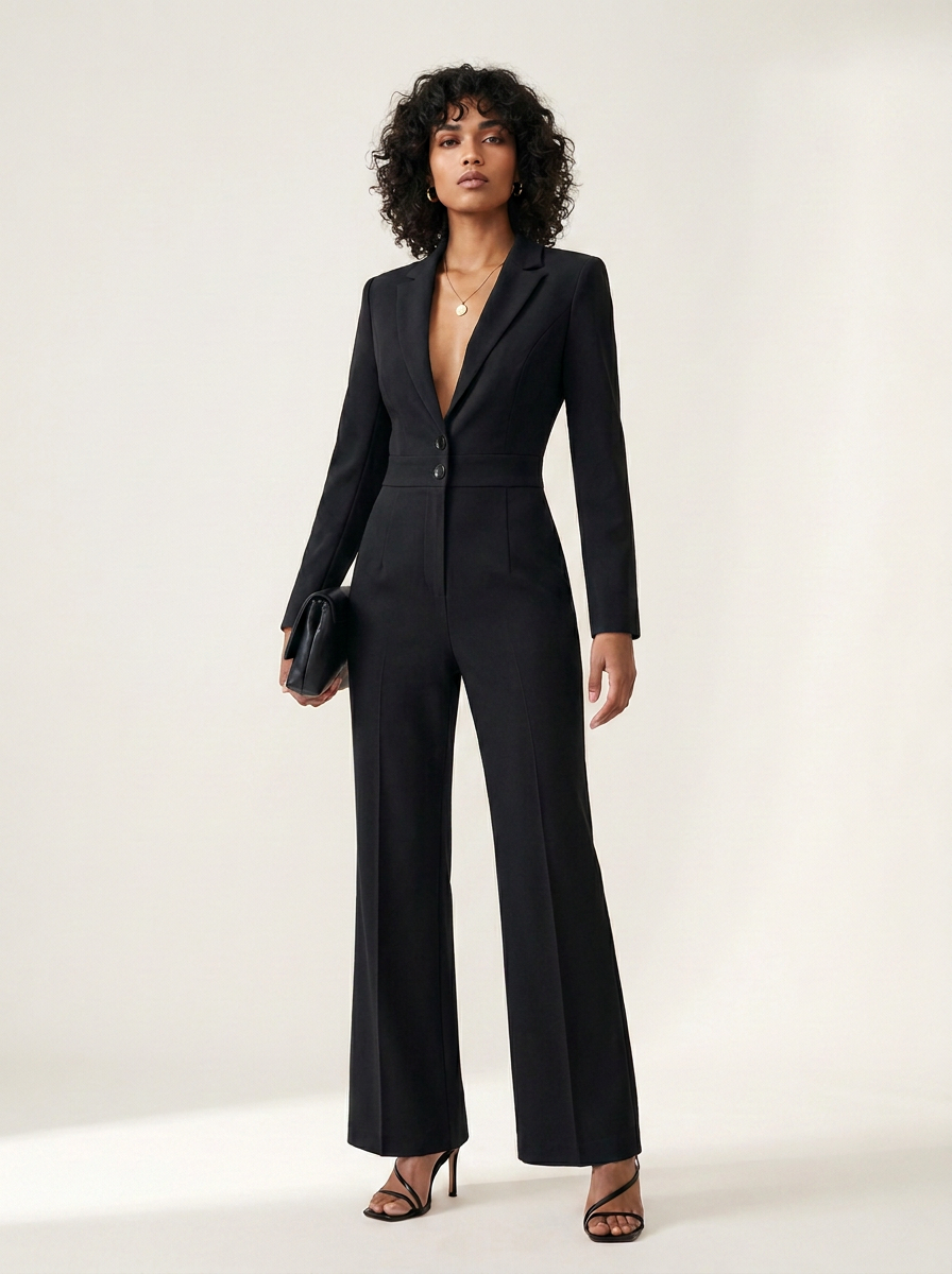 A model wearing a black tailored jumpsuit with a deep V-neckline, single front button, structured shoulders, and wide-leg trousers, styled with black strappy heels and a small black clutch against a plain light background.