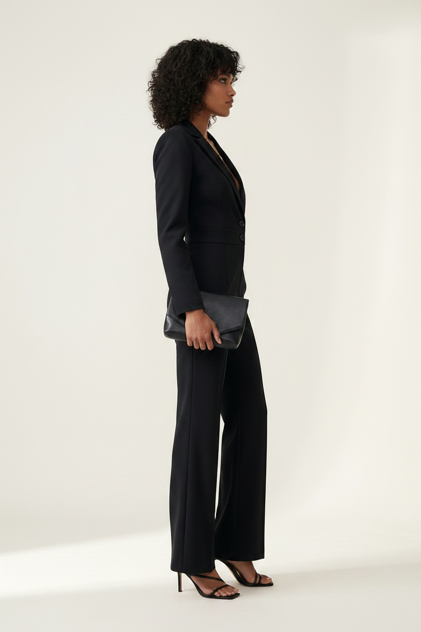 A model wearing a black tailored jumpsuit with a deep V-neckline, single front button, structured shoulders, and wide-leg trousers, styled with black strappy heels and a small black clutch against a plain light background.