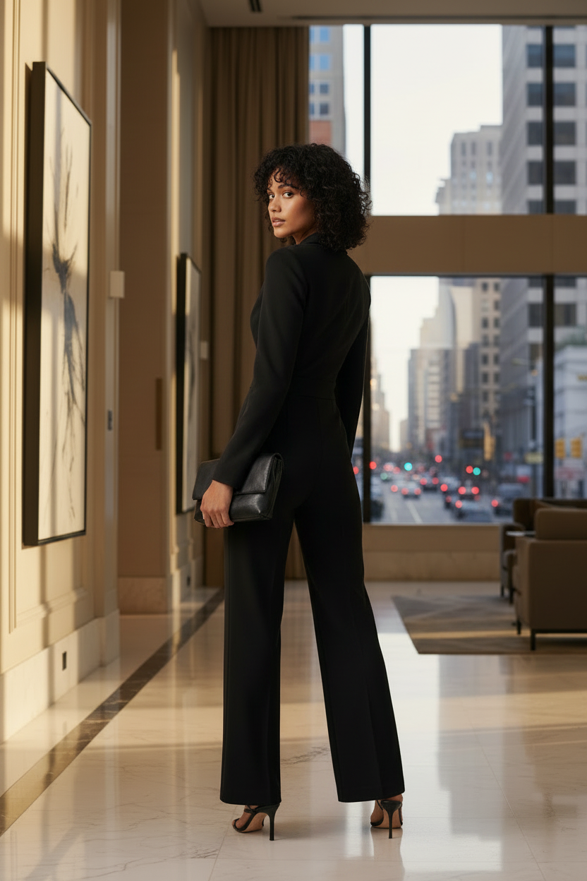 A woman stands in a modern indoor hallway wearing a black tailored jumpsuit with long sleeves, a deep V neckline, front buttons, and wide-leg pants. She is holding a small black clutch and wearing strappy high-heeled sandals.