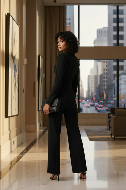 A woman stands in a modern indoor hallway wearing a black tailored jumpsuit with long sleeves, a deep V neckline, front buttons, and wide-leg pants. She is holding a small black clutch and wearing strappy high-heeled sandals.