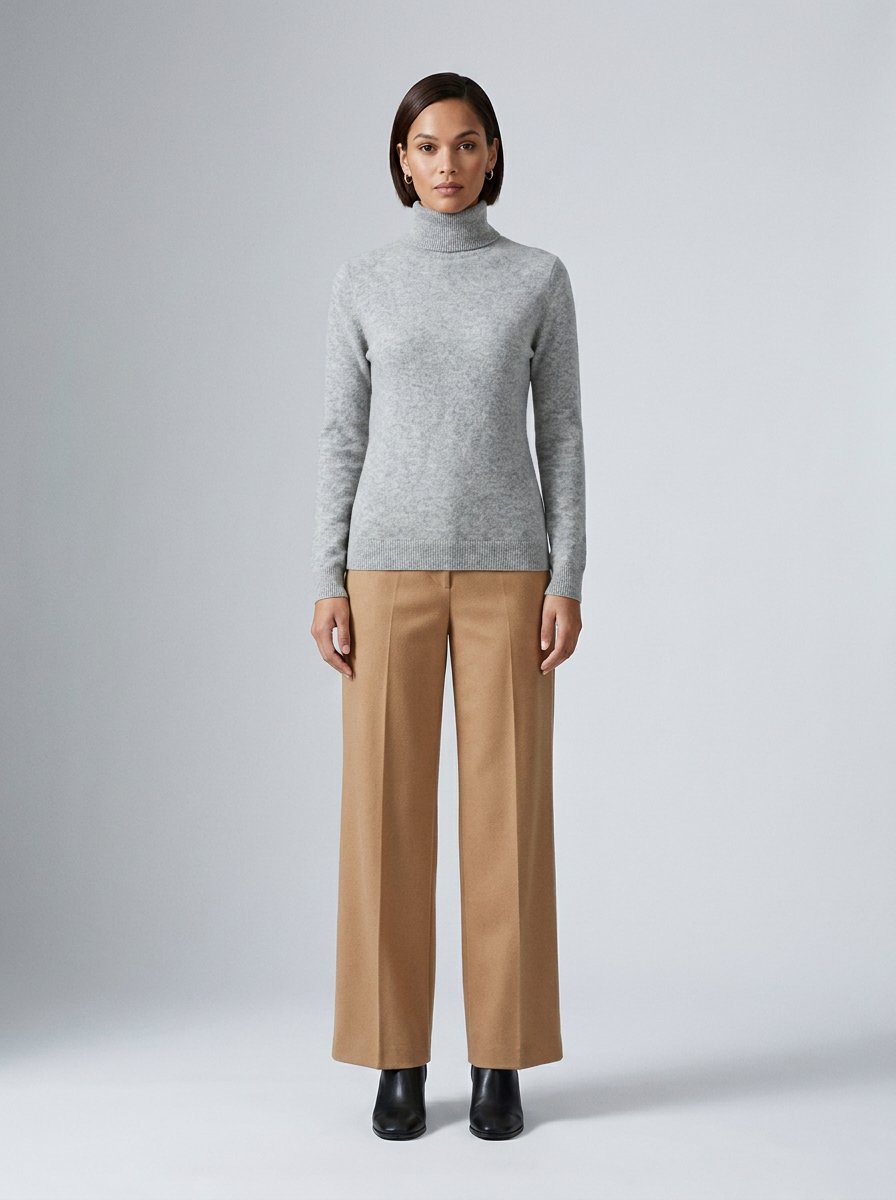 A model stands against a light gray studio background wearing a light gray ribbed turtleneck sweater, camel wide-leg trousers, and black ankle boots.