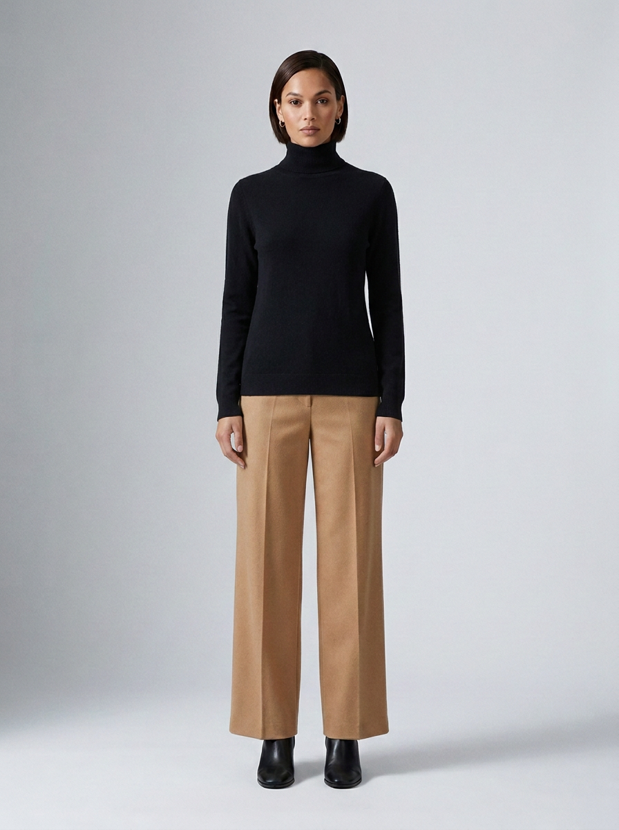 A model stands against a light gray studio background wearing a black long-sleeve turtleneck sweater and beige wide-leg trousers with black ankle boots.