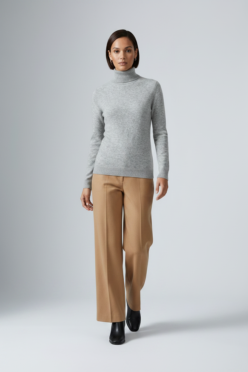 A model stands against a light gray studio background wearing a light gray ribbed turtleneck sweater, camel wide-leg trousers, and black ankle boots.