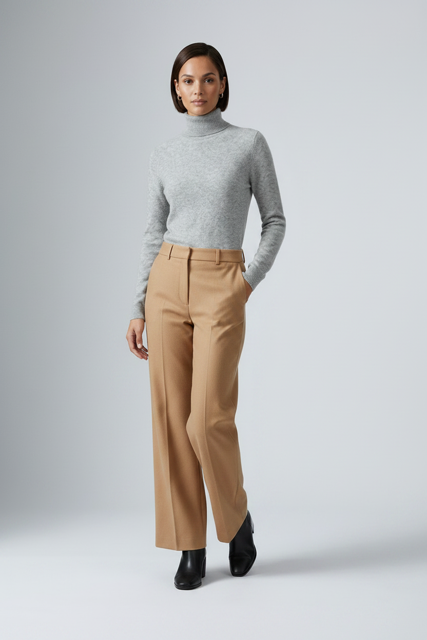 A model stands against a light gray studio background wearing a light gray ribbed turtleneck sweater, camel wide-leg trousers, and black ankle boots.