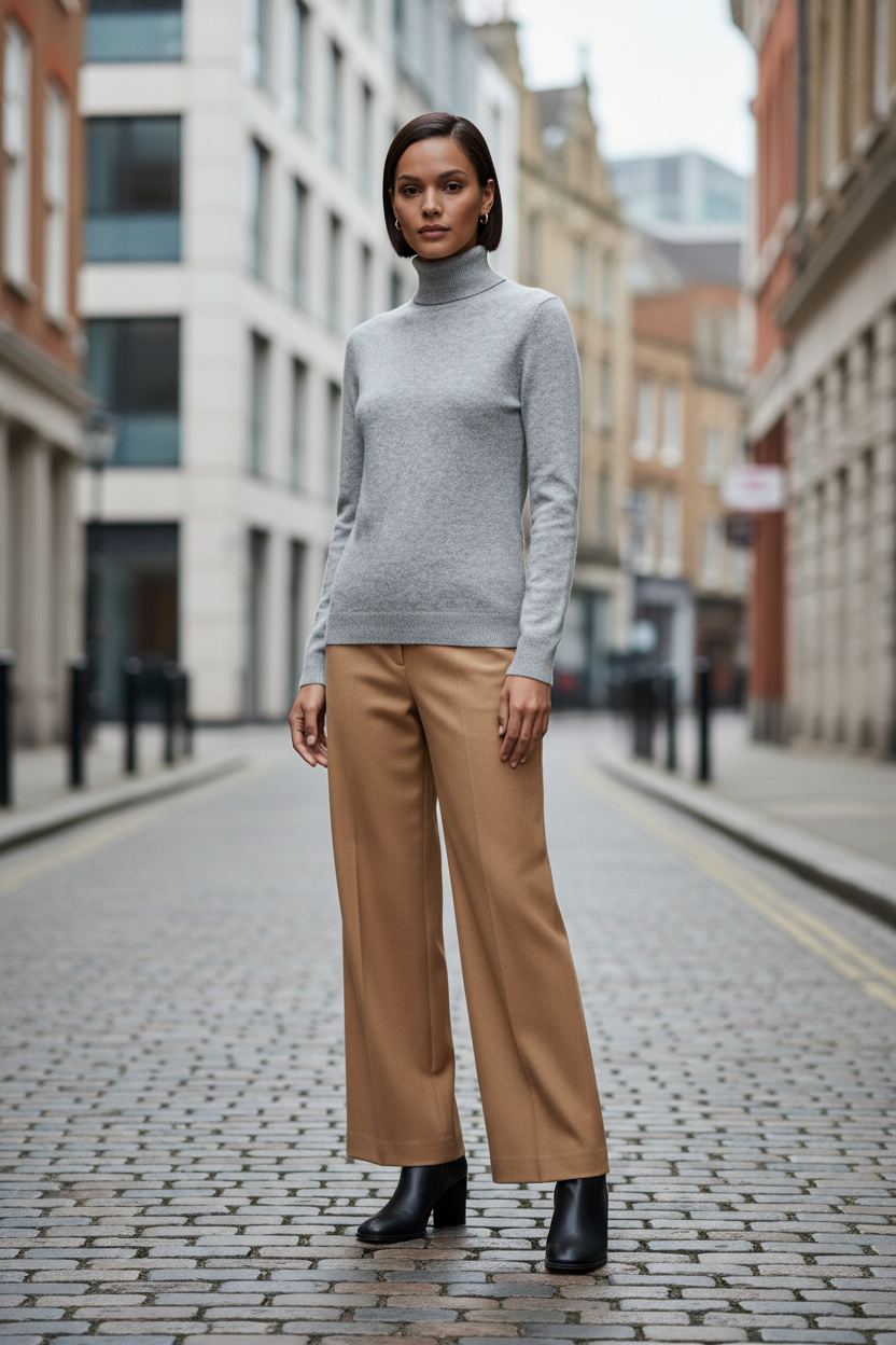 A woman stands on a cobblestone city street wearing a light gray turtleneck sweater, camel wide-leg trousers, and black ankle boots.