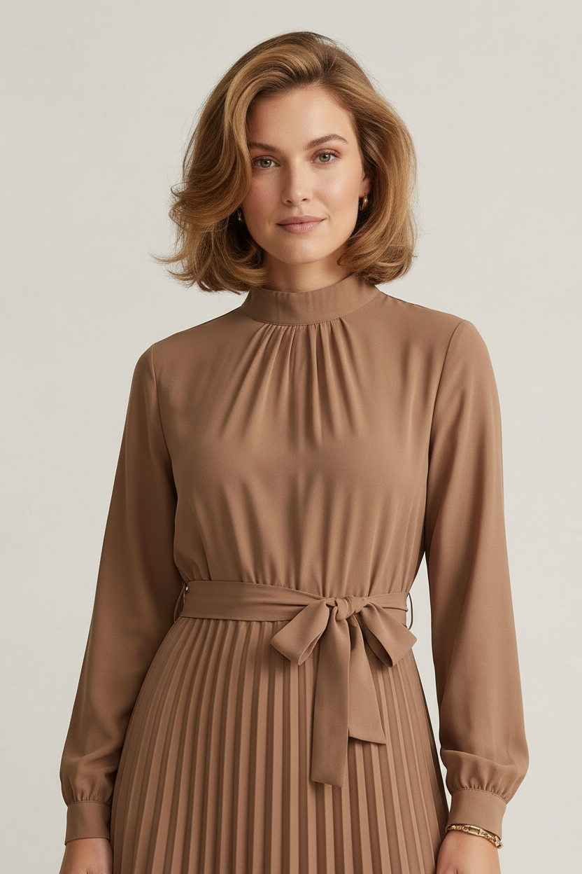 A woman modeling a long-sleeve midi dress in a warm taupe-brown color. The dress features a gathered high neck, a matching fabric tie belt at the waist, and a pleated skirt.