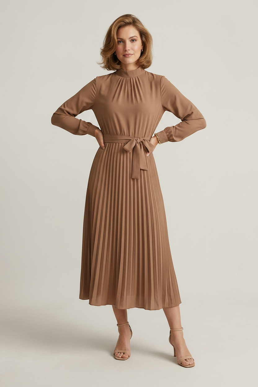 A woman modeling a long-sleeve midi dress in a warm taupe-brown color. The dress features a gathered high neck, a matching fabric tie belt at the waist, and a pleated skirt.
