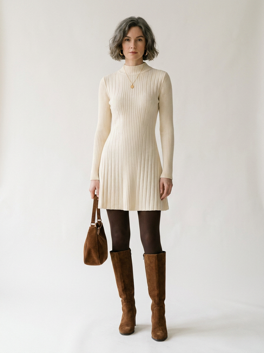 A woman stands against a plain light background wearing a cream ribbed long-sleeve mock-neck mini dress, dark tights, brown knee-high boots, and carrying a brown handbag.