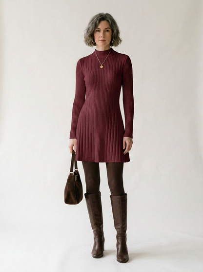 A woman stands against a plain light background wearing a ribbed long-sleeve mock-neck mini dress in deep burgundy, paired with dark brown knee-high boots, dark tights, a small gold necklace, and carrying a dark brown handbag.