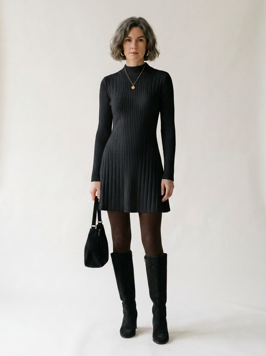 A woman stands against a plain light background wearing a black ribbed mock-neck long-sleeve mini dress, black knee-high boots, dark tights, and holding a black handbag.