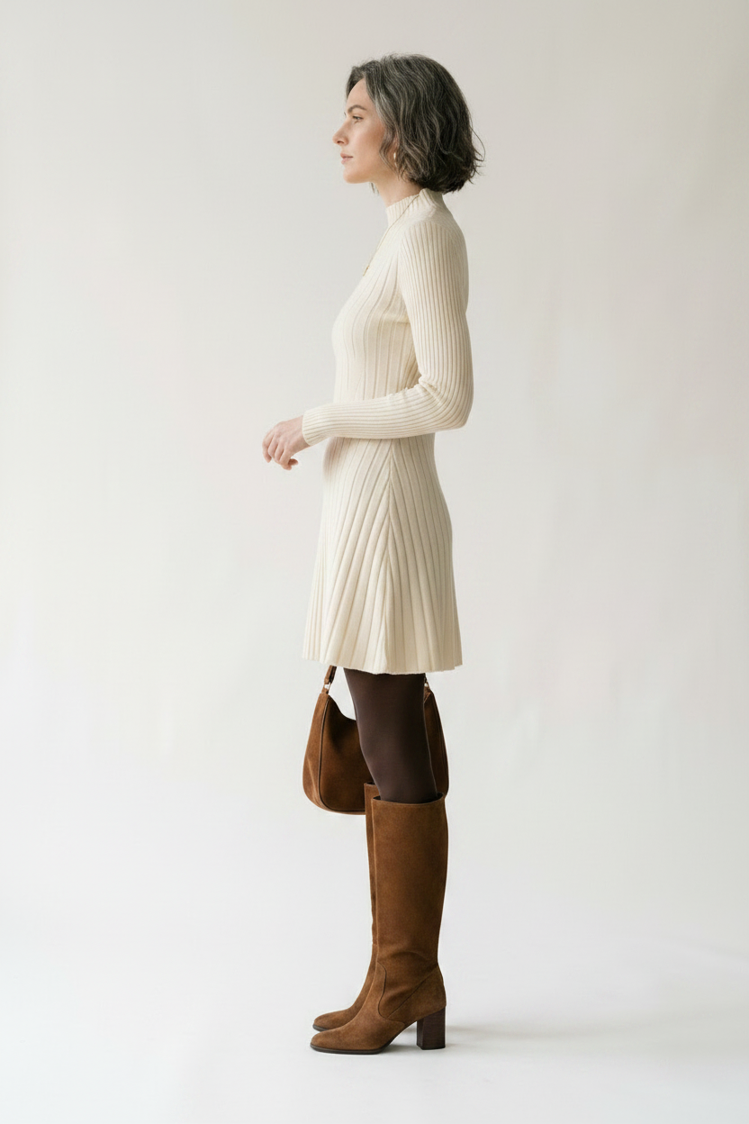 A woman stands against a plain light background wearing a cream ribbed long-sleeve mock-neck mini dress, dark tights, brown knee-high boots, and carrying a brown handbag.